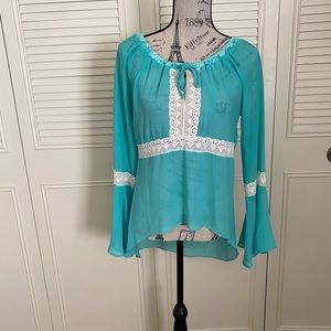 Joyce green Bell sleeve flowy blouse scoop neck crochet velvet trim semi sheer